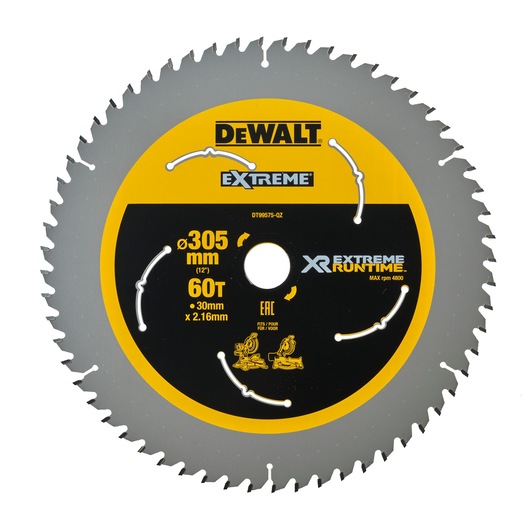 DEWALT Extreme XR circular saw blade with 60 teeth, 305mm diameter, and 30mm x 2.16mm size. The blade is silver with a yellow and black center, suitable for woodworking and power saws.