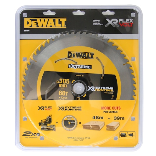 DEWALT DT99575 circular saw blade, 305 mm diameter, 60 teeth, Extreme Runtime, XR FlexVolt, in retail packaging.