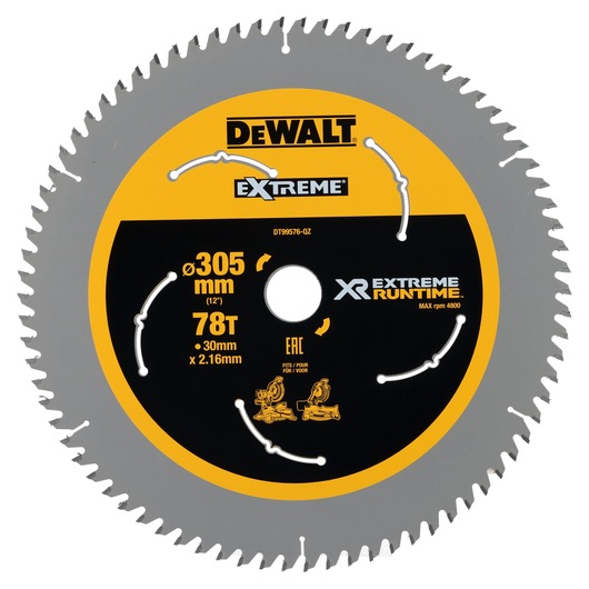 DEWALT saw blade, SKUs DT99576 and DT99576-QZ, 305mm, 78T, for extreme runtime.