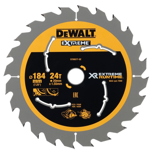 DEWALT saw blade, DT99577-QZ, DT99577, 184mm, 24T, XR Extreme Runtime. Photography category.
