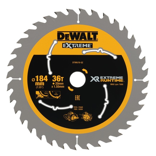 DEWALT Extreme XR circular saw blade, 184mm diameter, 36 teeth, black and yellow, for wood cutting.