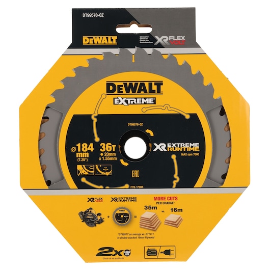 DEWALT Extreme 184mm circular saw blade, 36 teeth, packaged for XR Flexvolt tools, suitable for wood cutting.