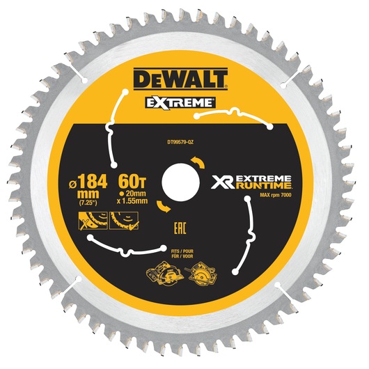 DEWALT DT99579 Extreme Runtime saw blade, 184mm diameter, 60 teeth for cutting, max 7000 rpm.
