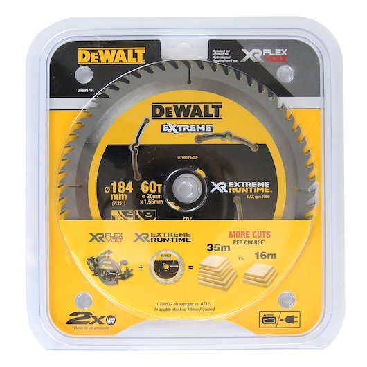 DEWALT DT99579 Extreme saw blade, 184mm, 60 teeth, for XR FLEXVOLT, packaged in clear plastic blister.