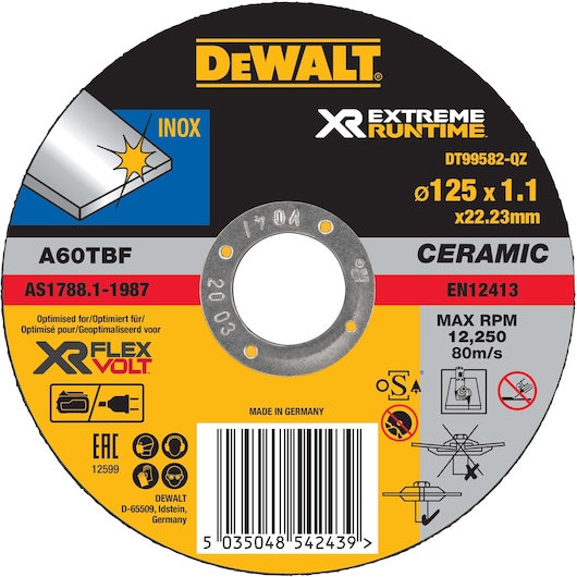 DEWALT ceramic cutting disc DT99582, 125x1.1mm, for INOX, optimized for XR Flexvolt, max RPM 12,250.