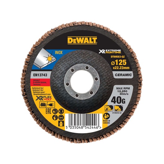 DEWALT DT99583, DT99583-QZ ceramic flap disc for grinding, 125mm, 40G, max RPM 12,250. Photography category.