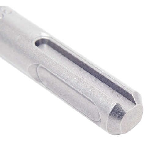 Close-up of a DEWALT SDS drill bit shank with grooves and metallic finish on white background.