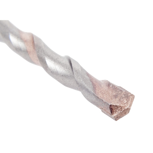Close-up of a DEWALT masonry drill bit showing its spiral shape and pointed tip, suitable for concrete drilling.