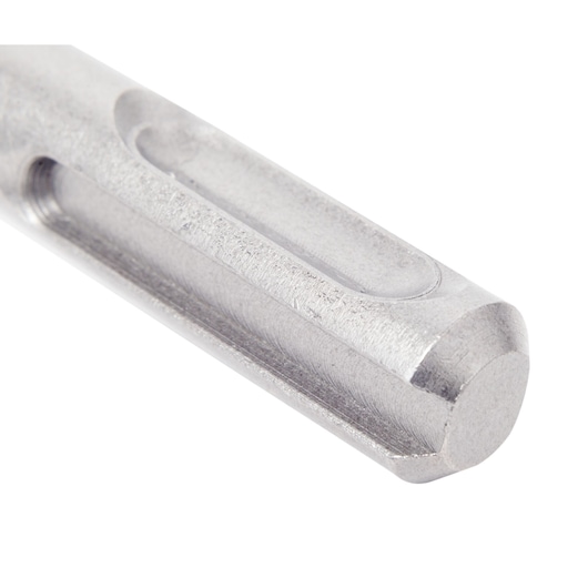 Close-up of a metallic drill bit end with grooves, photographed on a white background.