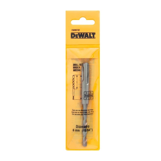 DEWALT drill bit in yellow packaging, 6 mm diameter for use with SDS-Plus hammers.