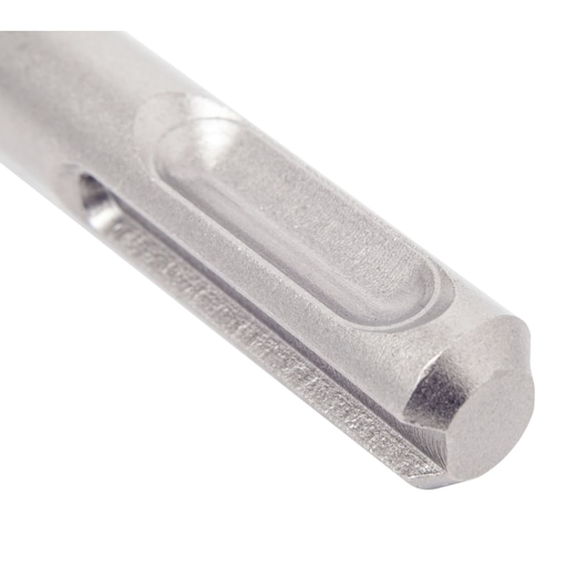 Close-up of a silver DEWALT drill bit shank with grooved design on a white background.