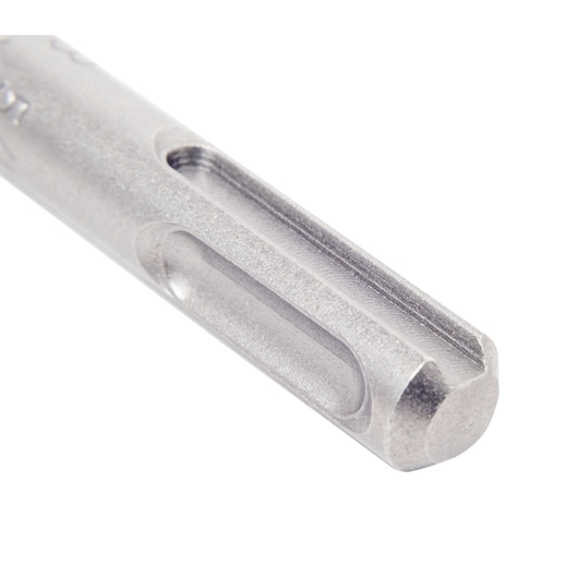 Close-up of a DEWALT metal drill bit with an SDS shank, showing grooves and smooth surface detail.