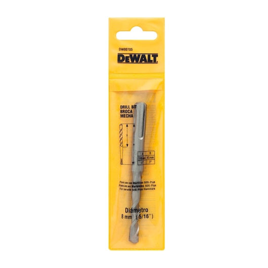 DeWalt DW00705 drill bit in yellow packaging, shown with SDS-Plus compatible markings and 8mm diameter details.