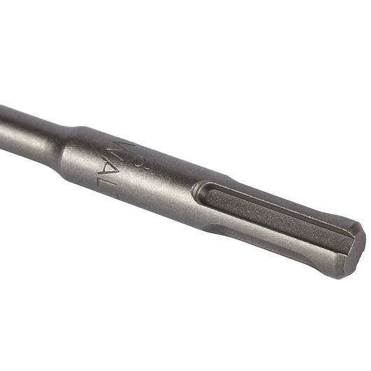 Close-up of a DEWALT metal drill bit with an SDS shank, photographed against a white background.