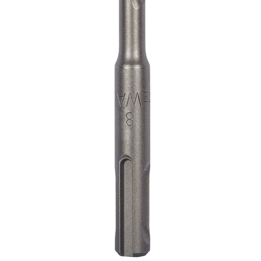 Close-up of a DEWALT drill bit with marking '8' on its shaft, suitable for use with hammer drills.