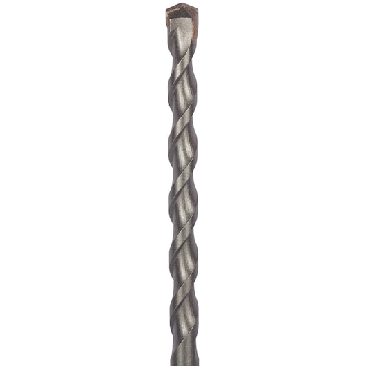Close-up of a DEWALT drill bit with a spiral design, used for drilling through materials.