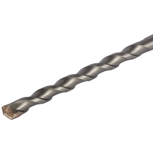 Close-up of a DEWALT masonry drill bit with spiral design and pointed tip for drilling concrete.