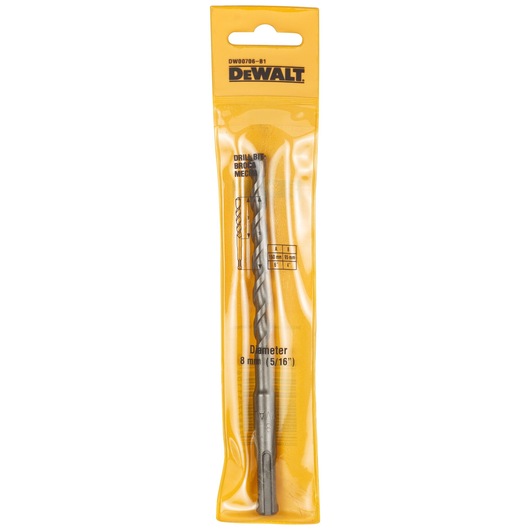 DEWALT drill bit in yellow packaging, diameter 8mm, suitable for masonry and concrete surfaces.
