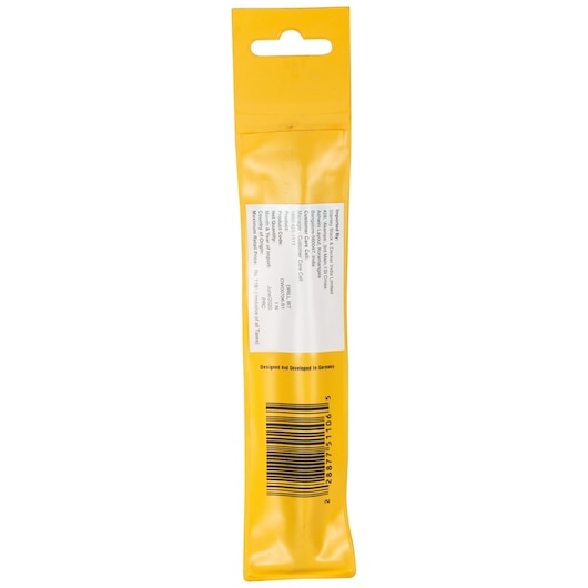 Back view of a yellow DEWALT product package with barcode and information label.