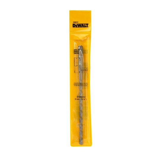 DEWALT 8mm drill bit in yellow packaging. The bit is visible through a transparent section on the front.
