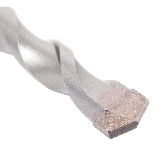 Close-up of a DEWALT masonry drill bit tip, showing spiral design and angled cutting edge.