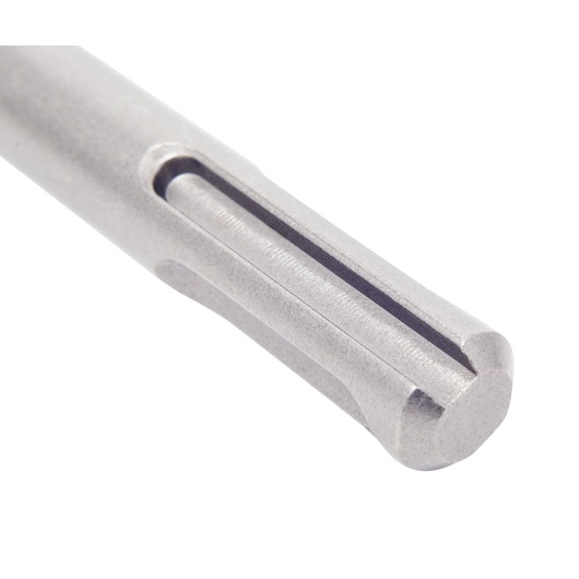 Close-up of a metallic drill bit shank with groove, photographed on white background.