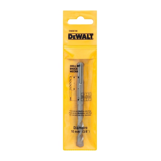 DEWALT drill bit in yellow packaging, diameter 10mm, suitable for SDS-Plus hammers.
