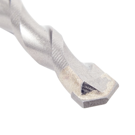 Close-up of a DEWALT metal drill bit tip with a spiral shank design on a white background.