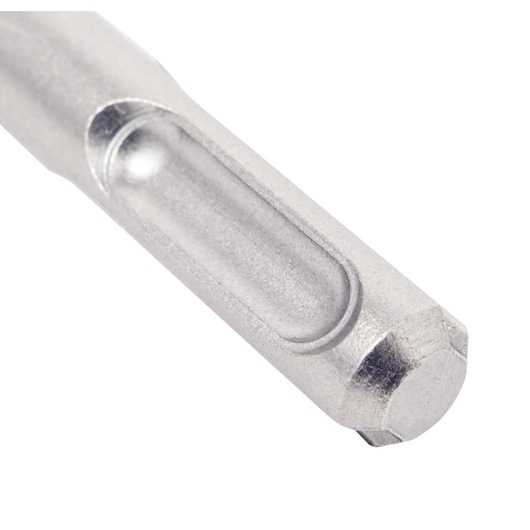 Close-up of a metal SDS drill bit shank with grooves, shown on a white background.