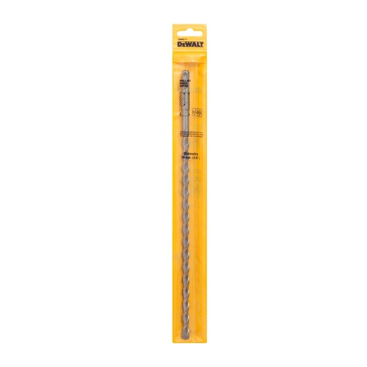 DEWALT drill bit in yellow packaging, long and spiral shaped for woodworking or masonry.