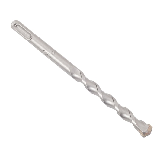 A single silver DEWALT masonry drill bit with spiral grooves, shown on a white background.