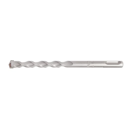 Silver DEWALT drill bit with spiral design and SDS shank, used for drilling into masonry and concrete surfaces.