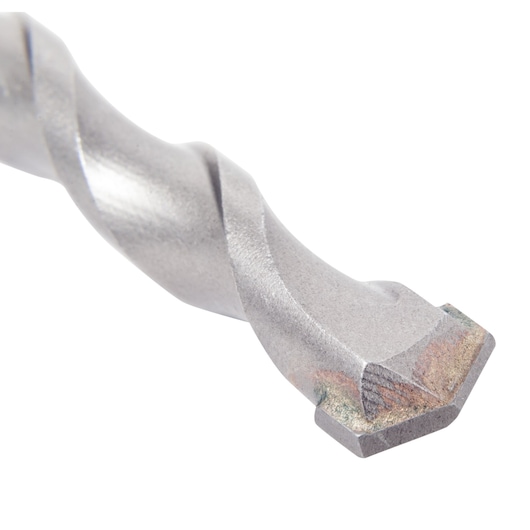 Close-up of a silver DEWALT drill bit with spiral design and flat tip against a white background.