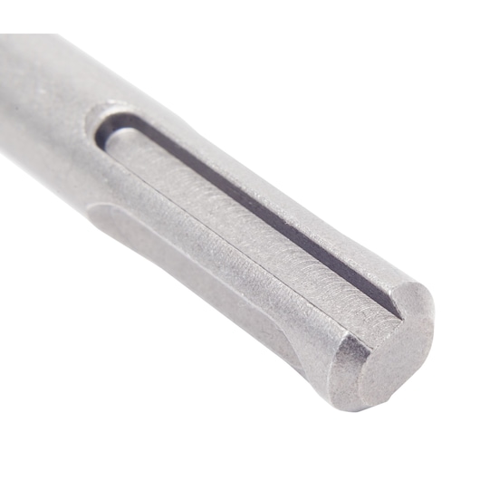 Close-up of a metal drill bit with an SDS shank for use in rotary hammer drills, shown on a white background.