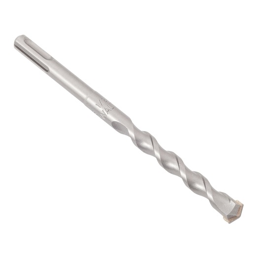 Silver masonry drill bit with spiral design and SDS shank, photographed on a white background.