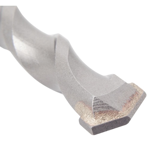 Close-up of a DEWALT drill bit tip with spiral design and metallic finish.