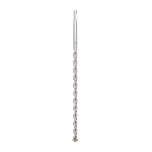 Long silver drill bit with spiral design, shown upright on a white background.