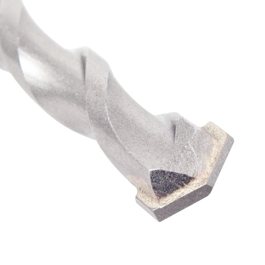 Close-up of a DEWALT masonry drill bit tip with a silver finish, designed for heavy-duty drilling applications.