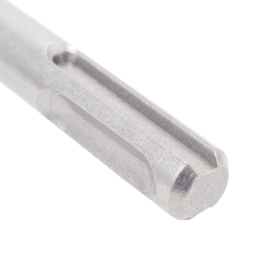 Close-up of a metallic drill bit shaft with grooves, photographed on a white background.