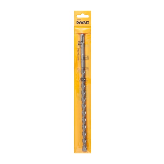 DEWALT DW00715 masonry drill bit in yellow packaging, long and spiral shaped for concrete or stone drilling.