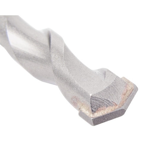 Close-up of a DEWALT drill bit tip with spiral fluting and a sharp cutting edge.