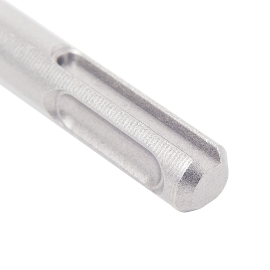 Close-up of a silver DEWALT drill bit with SDS shank against a white background.