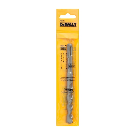 DEWALT DW00716 drill bit in a yellow package, labeled 14 mm. Suitable for SDS-Plus rotary hammers.