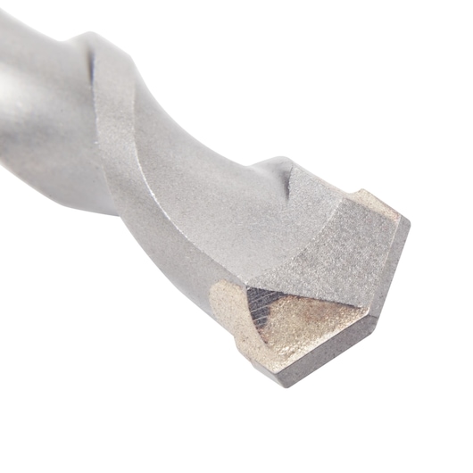 Close-up of a DEWALT masonry drill bit tip with a metal cutting edge against a white background.