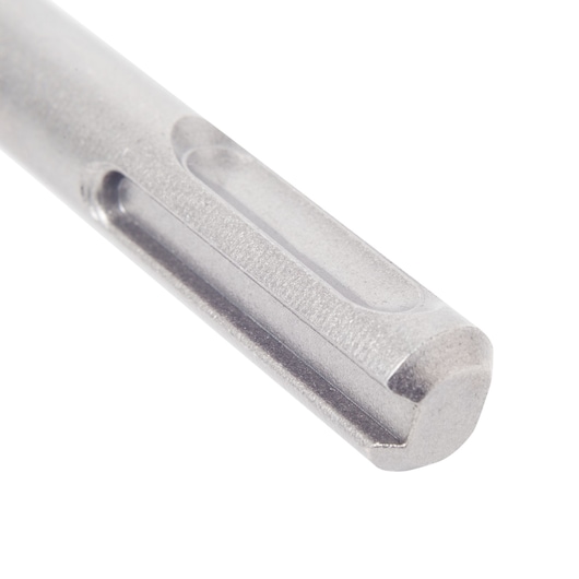 Close-up of a metallic drill bit shank with grooves, shown against a white background.