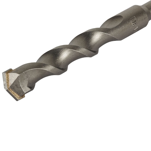 Close-up of a DEWALT masonry drill bit with a carbide tip and spiral flutes on a white background.