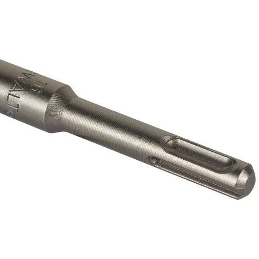Close-up of a DEWALT metal drill bit with SDS shank for masonry or concrete drilling.