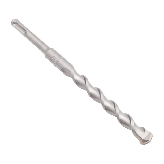 Silver Dewalt masonry drill bit with SDS shank, spiral design, used for concrete or stone drilling tasks.
