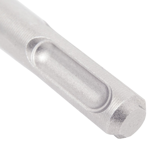 Close-up of a metallic drill bit shaft with an SDS connector end, used for power tools and drilling.