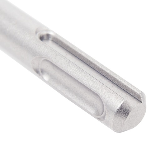 Close-up of a metallic drill bit with grooves, shown on a white background.